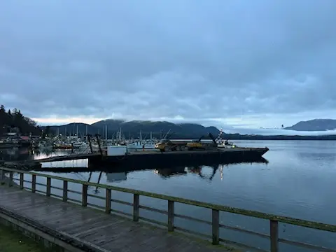 Material barge in a coastal BC harbour for marine works